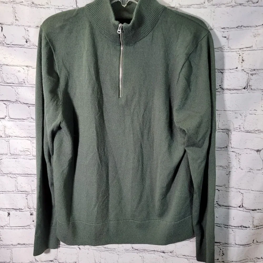 J.Crew Quarter Zip Sweater Mens Large Olive Green Excellent Merino Wool BB697